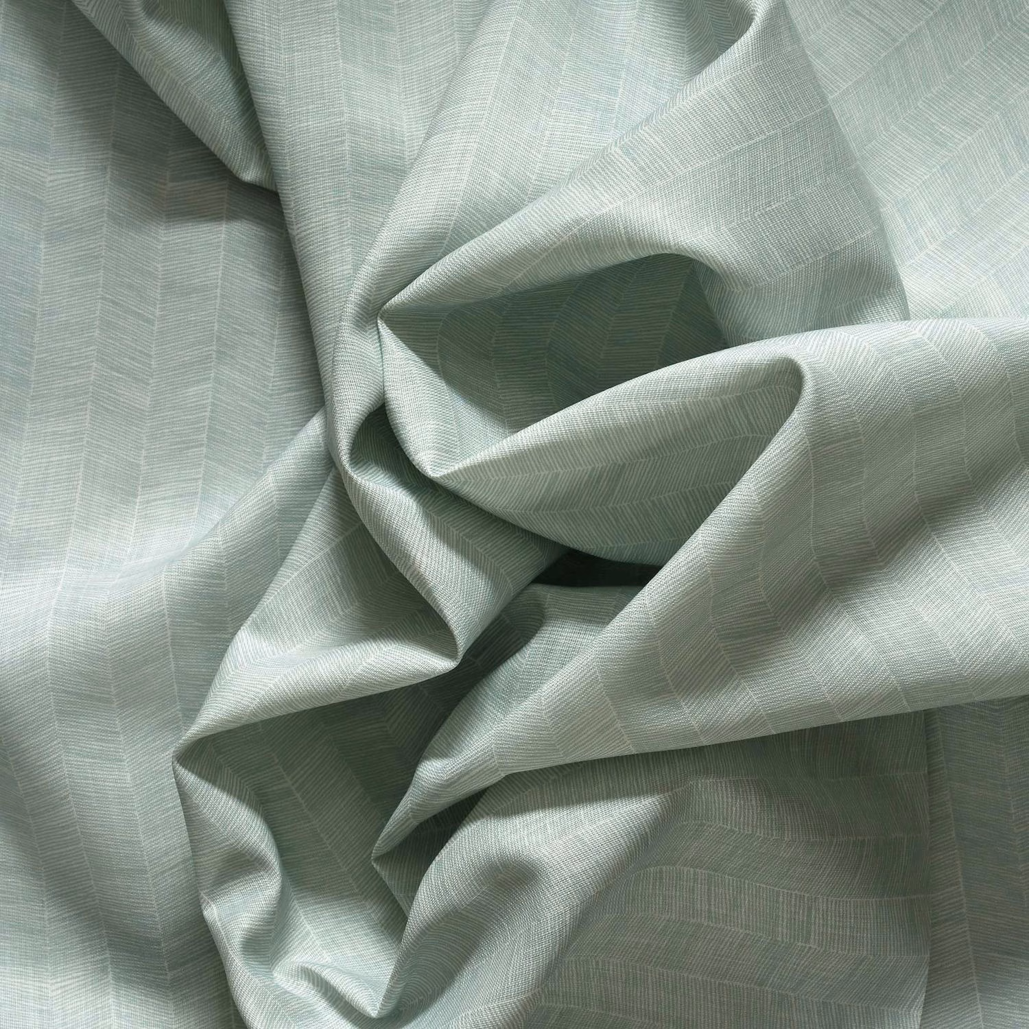 Cool pale sage-green outdoor cloth with fine broken lines and a softly lustrous weave