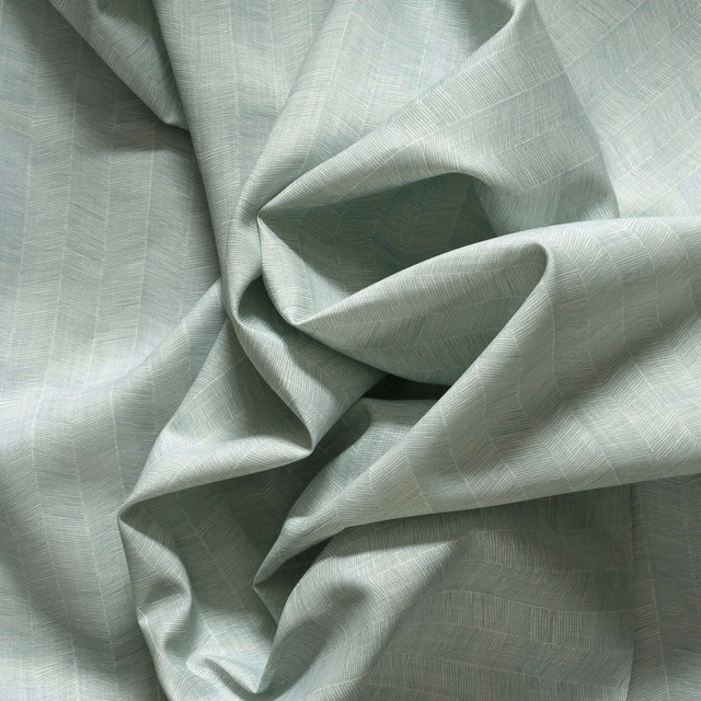 Cool pale sage-green outdoor cloth with fine broken lines and a softly lustrous weave