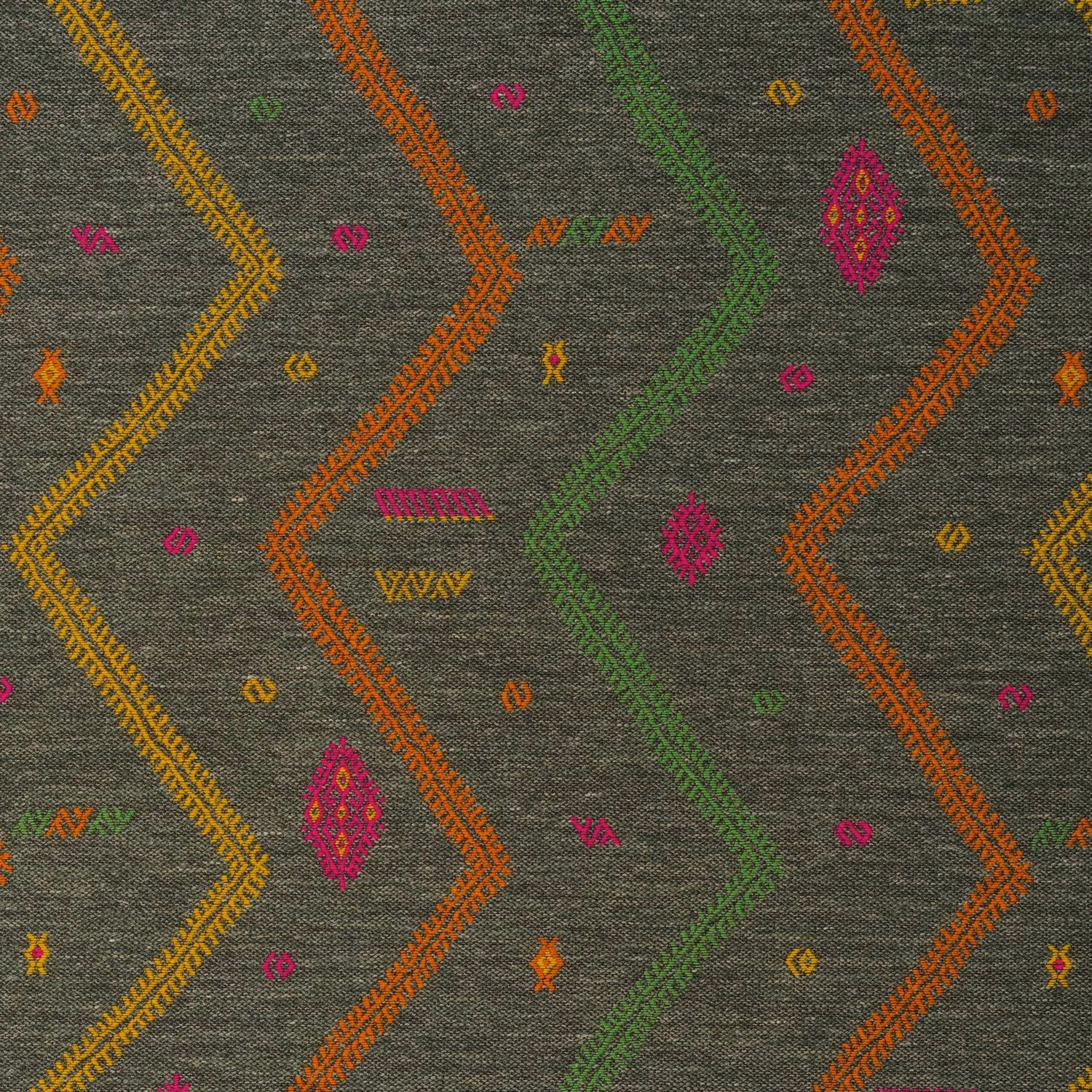 Charcoal woven fabric with mustard, orange, green and pink zigzag bands