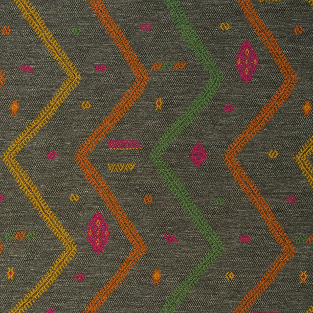 Charcoal woven fabric with mustard, orange, green and pink zigzag bands