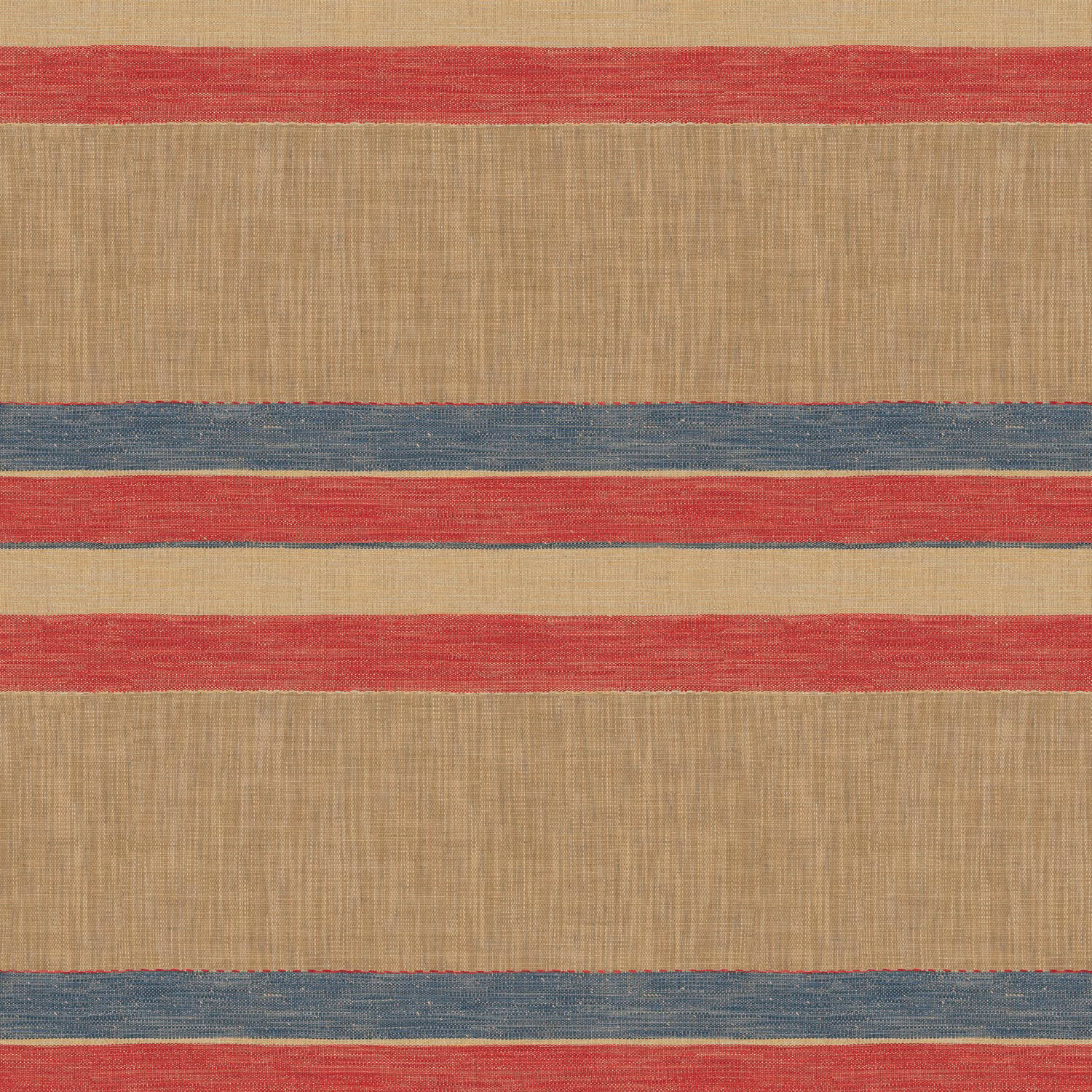 Warm tan woven fabric with broad red and muted blue-grey horizontal stripes
