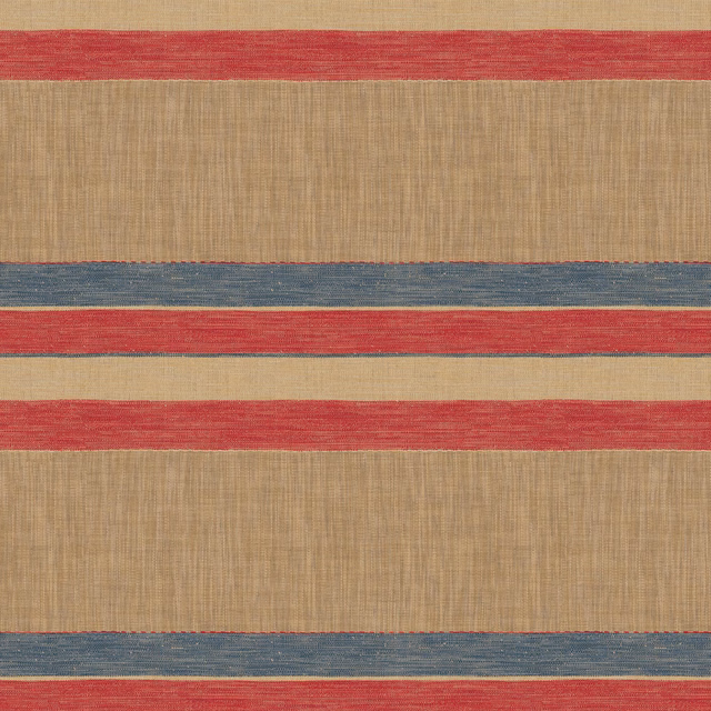 Warm tan woven fabric with broad red and muted blue-grey horizontal stripes