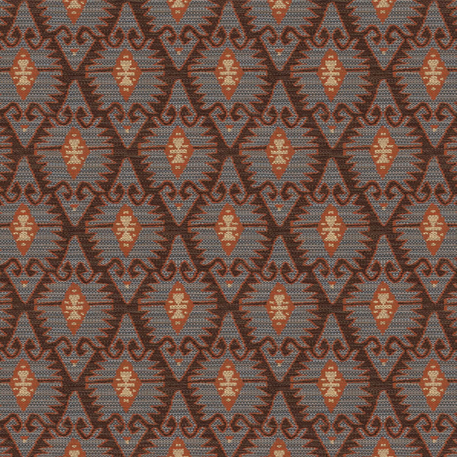 Blue-grey woven ground with rust, terracotta and cream geometric motifs in a compact repeat
