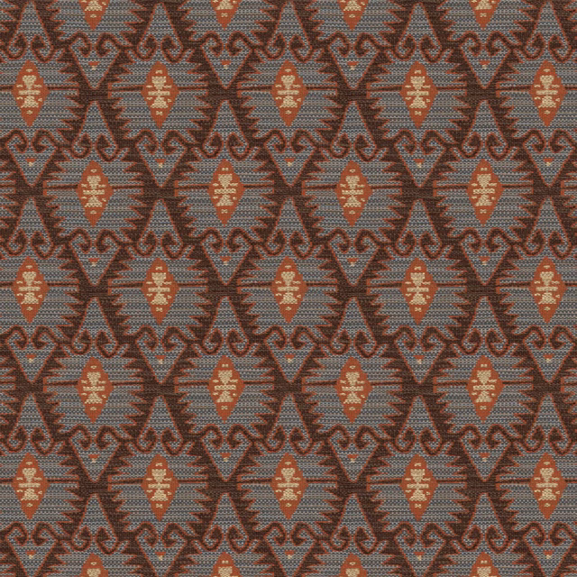 Blue-grey woven ground with rust, terracotta and cream geometric motifs in a compact repeat