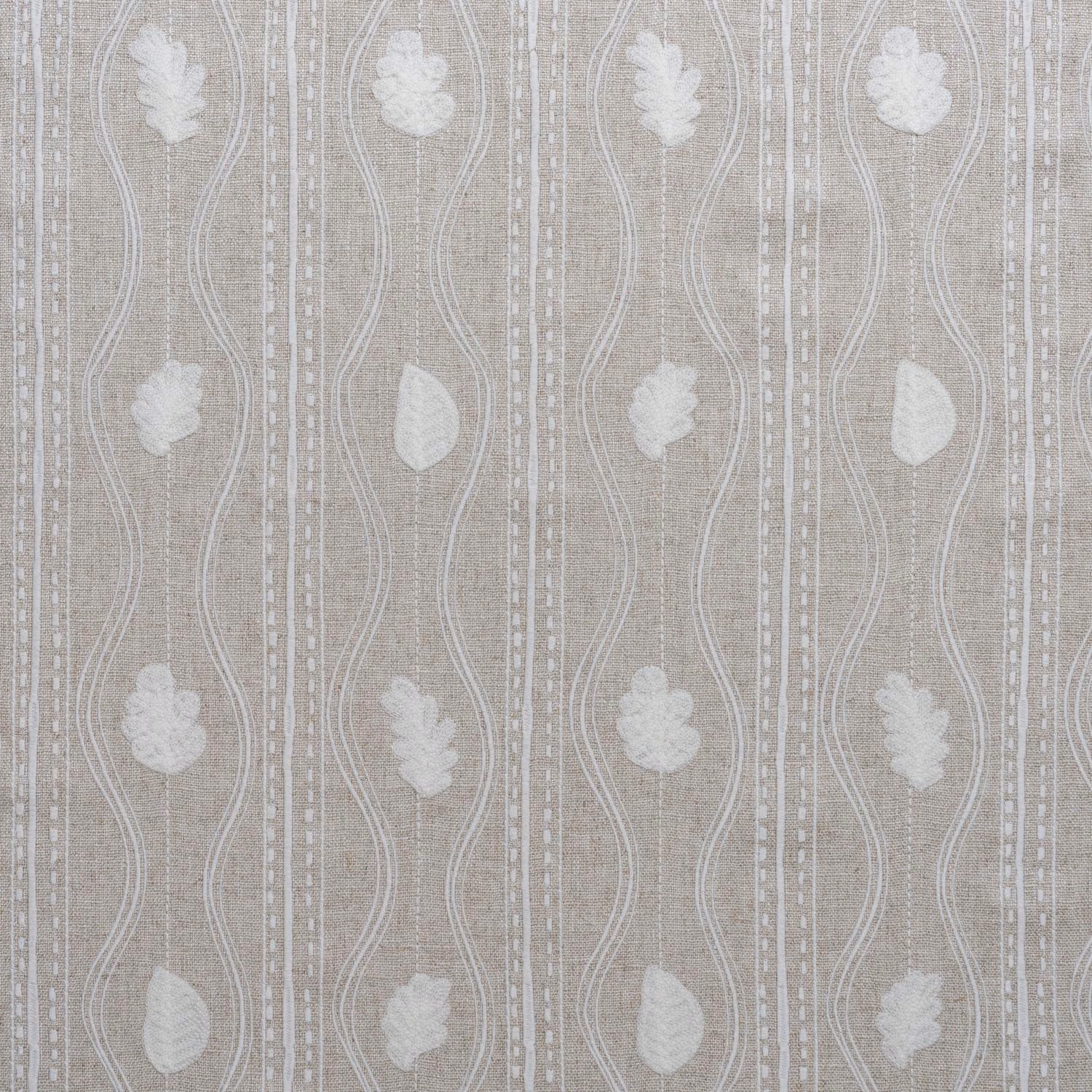 Greige woven fabric with ivory leaves, wavy lines and dotted vertical stripes