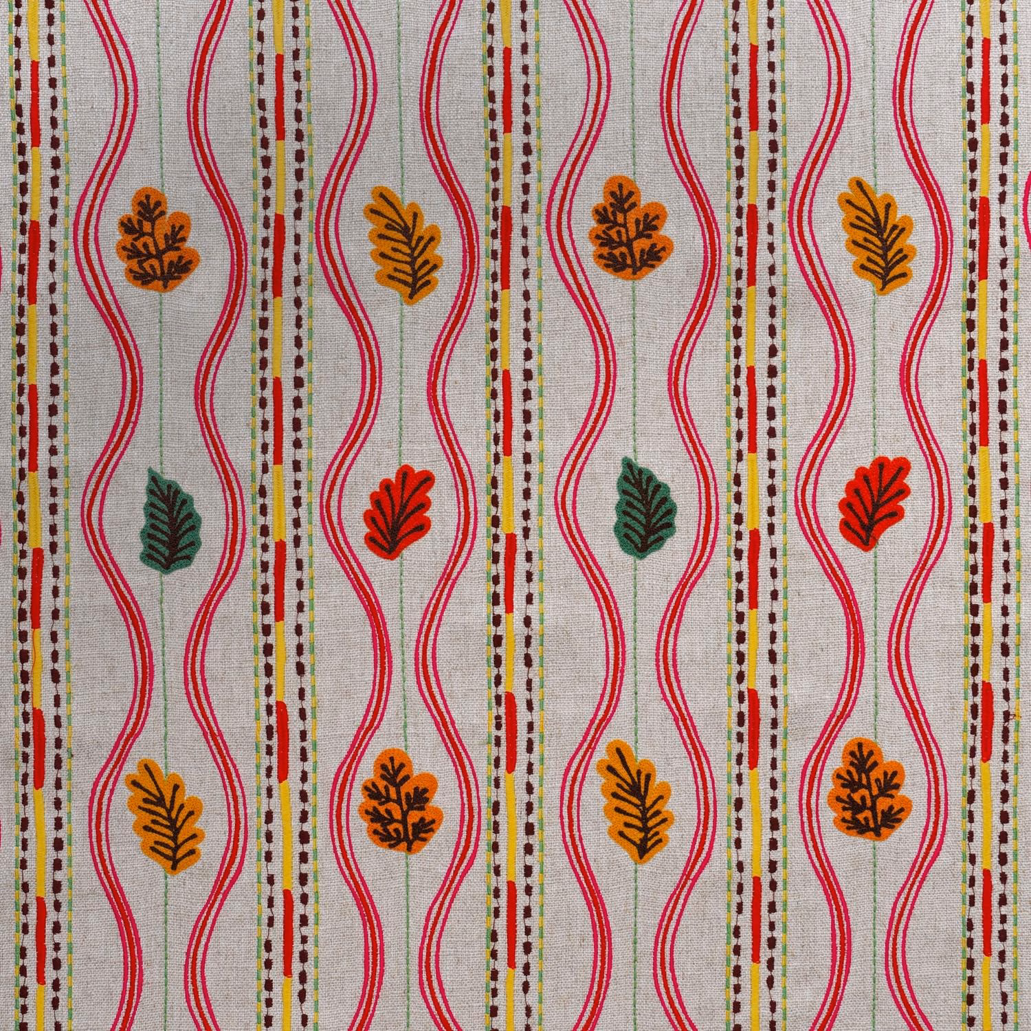 Pale grey woven ground with red waves and multicoloured autumn leaf motifs