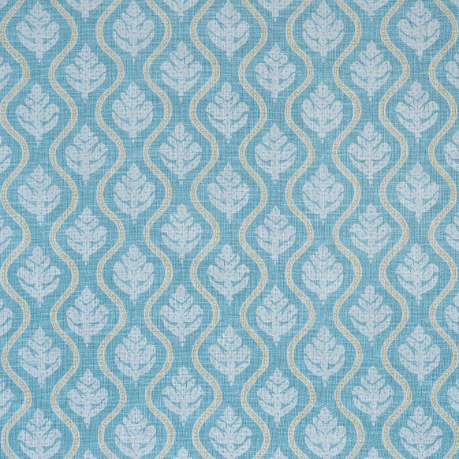 Blue-teal woven ground with pale leaf motifs and ivory-gold ogee outlines