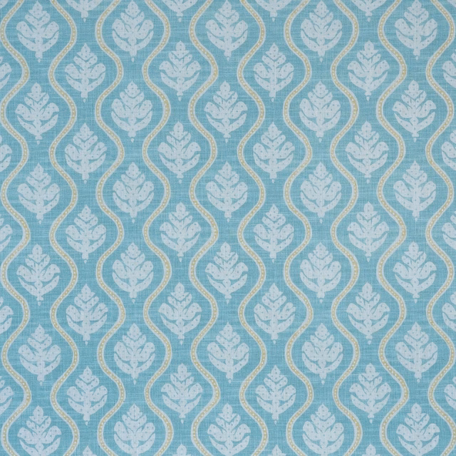 Blue-teal woven ground with pale leaf motifs and ivory-gold ogee outlines