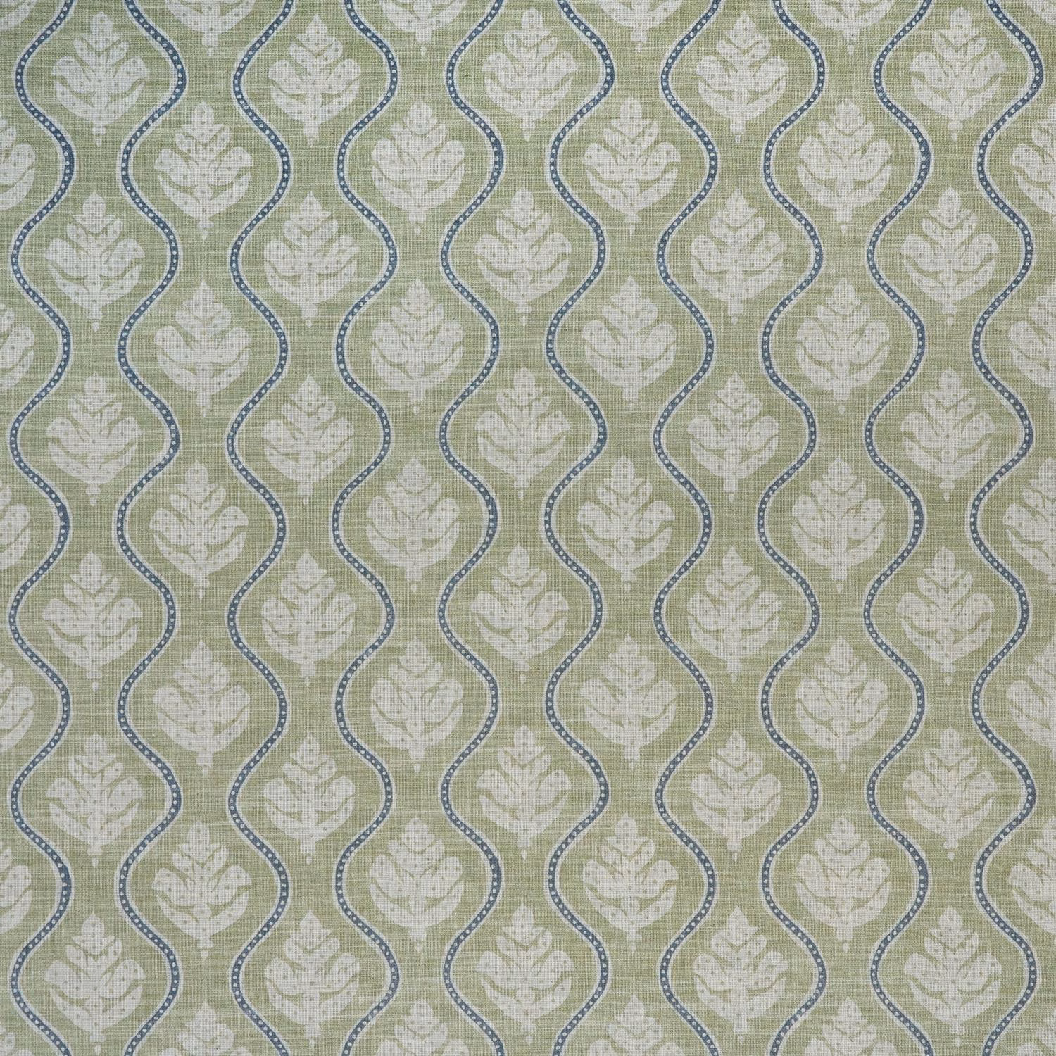 Muted sage-olive woven ground with ivory leaves and blue-grey scrolling outlines