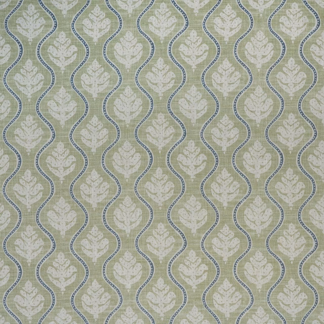 Muted sage-olive woven ground with ivory leaves and blue-grey scrolling outlines