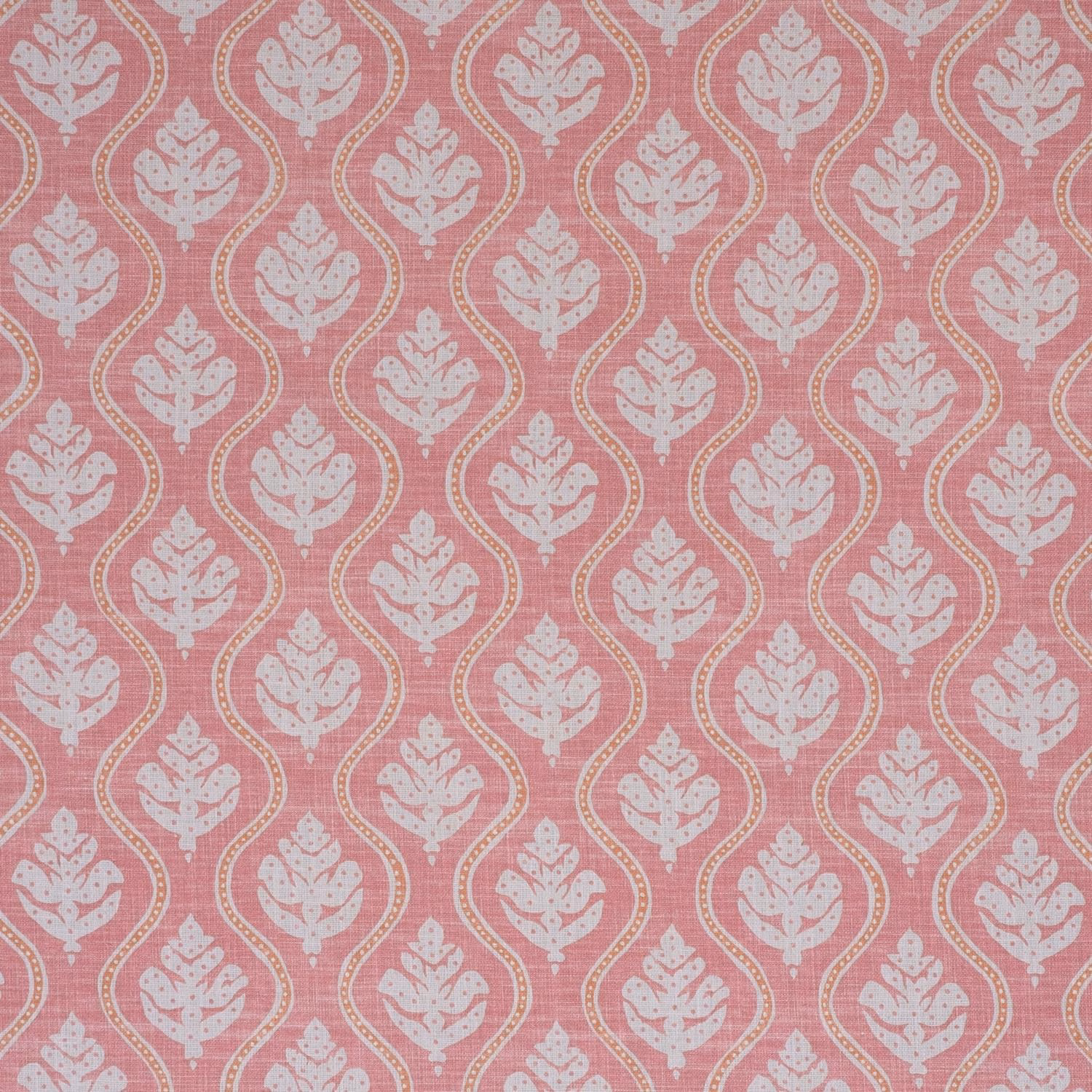Dusty rose pink textile with ivory leaf motifs in a vertical lattice