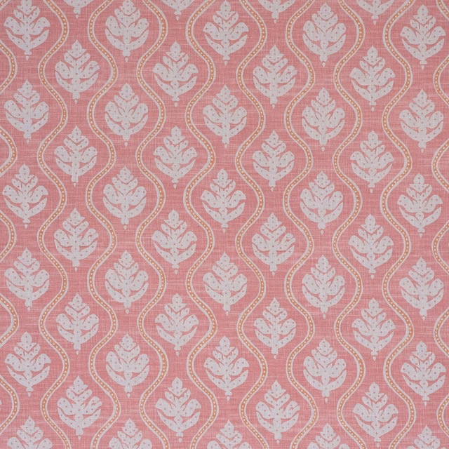 Dusty rose pink textile with ivory leaf motifs in a vertical lattice