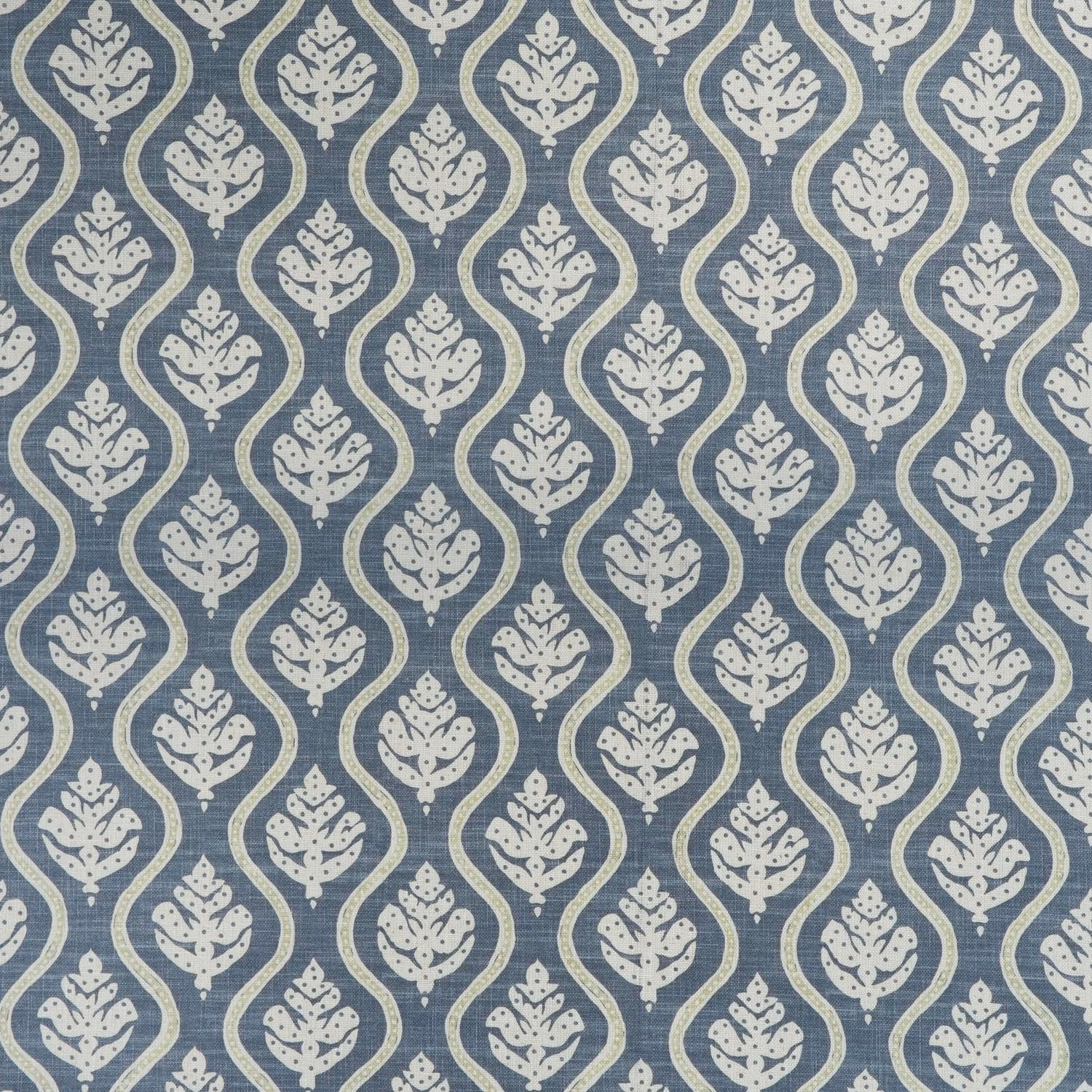 Blue-grey woven fabric with repeating cream botanical medallions and curved outlines