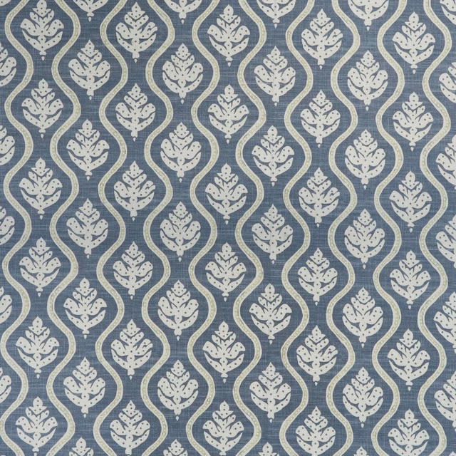 Blue-grey woven fabric with repeating cream botanical medallions and curved outlines