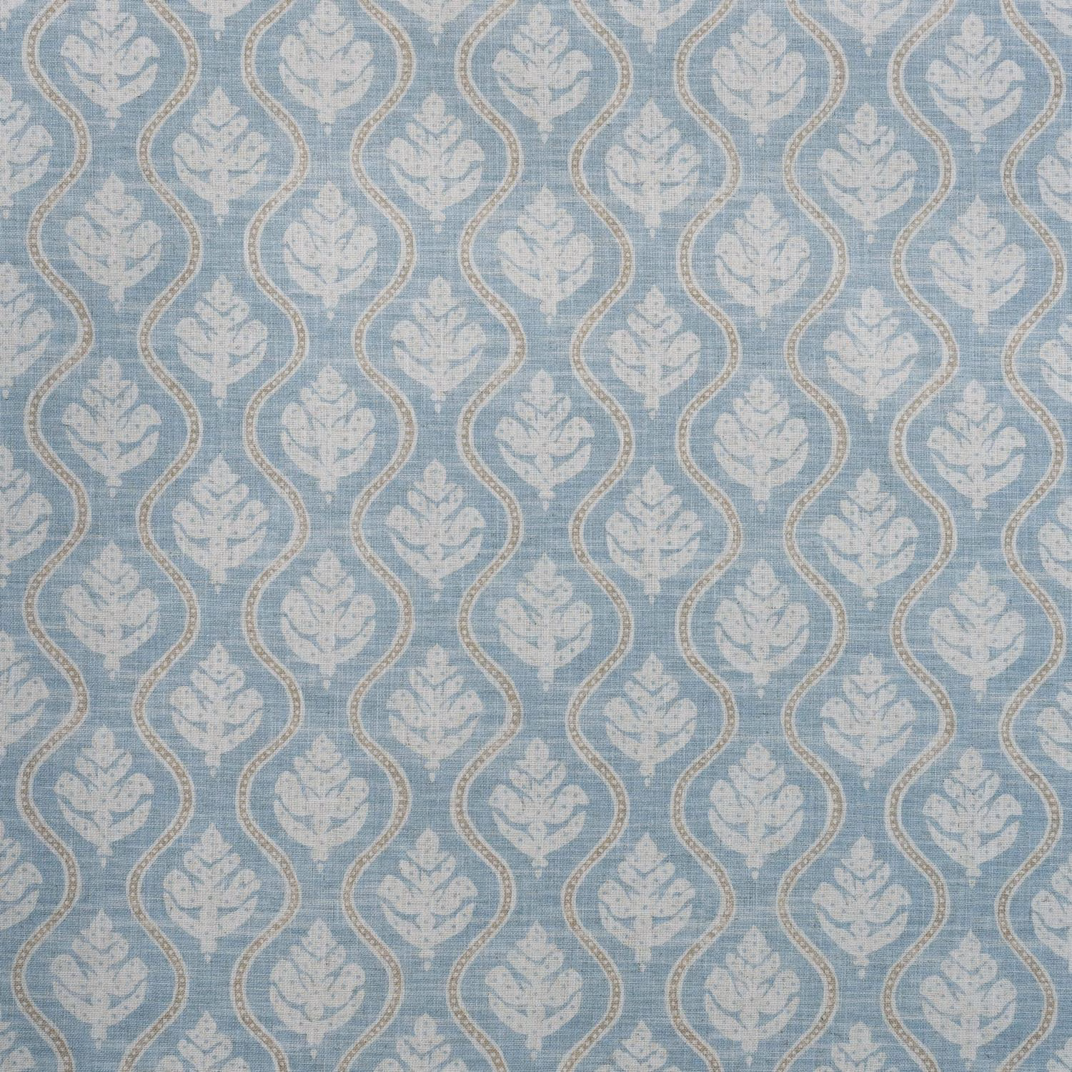 Muted sky-blue fabric with pale floral ogee motifs and a softly textured weave