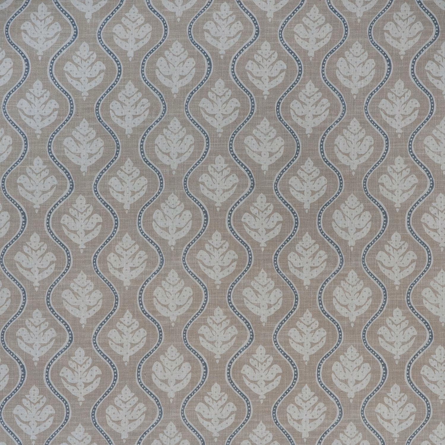 Taupe-grey Fig Stone textile with pale leaf motifs and blue-grey ogee outlines