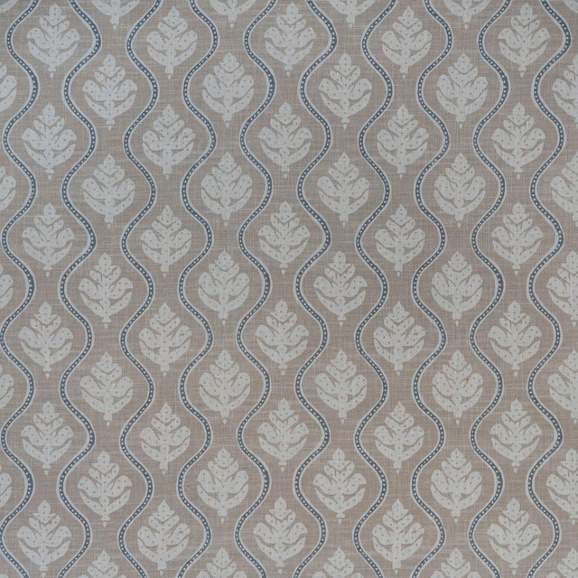 Taupe-grey Fig Stone textile with pale leaf motifs and blue-grey ogee outlines