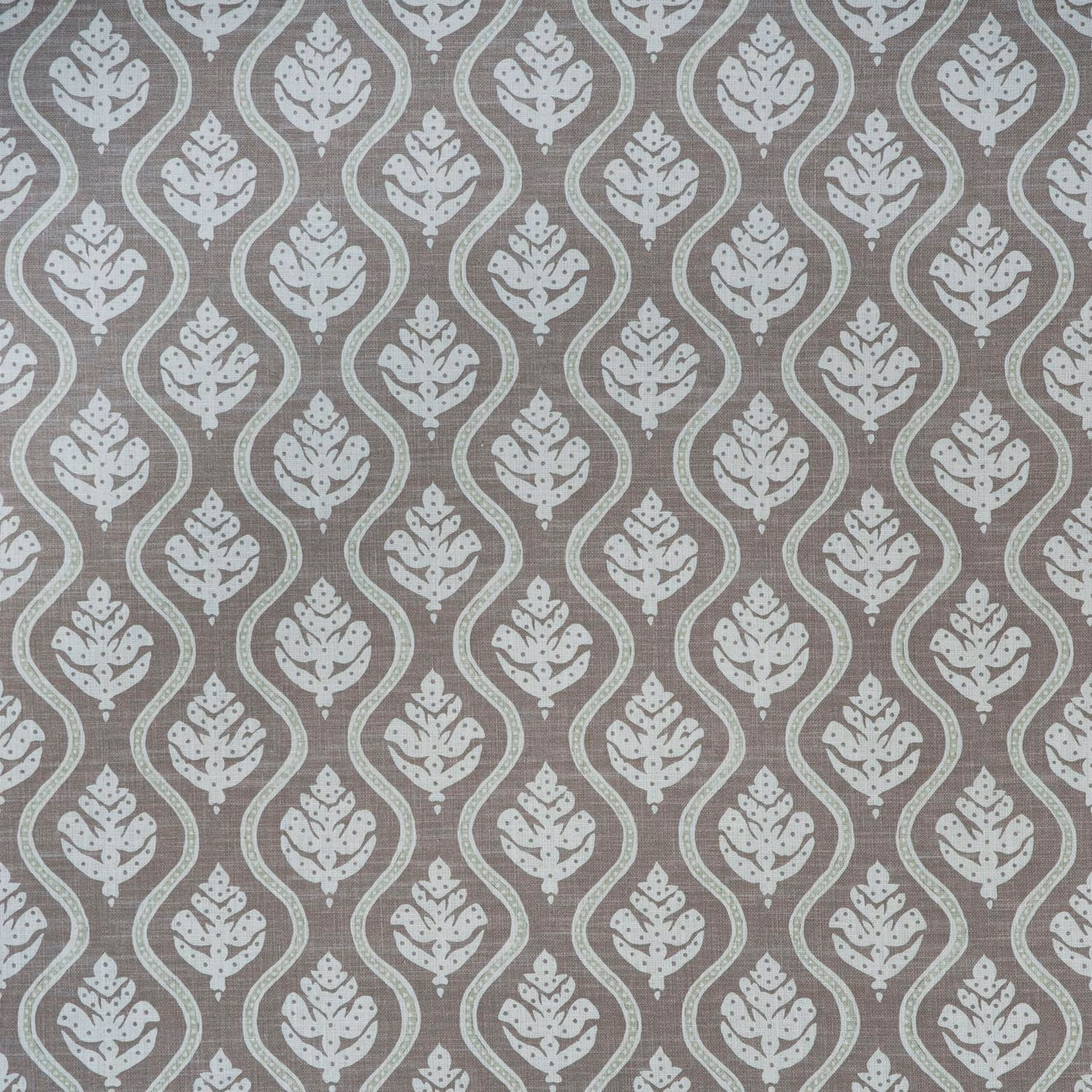 Mushroom taupe woven fabric with repeating chalk floral ogee motifs