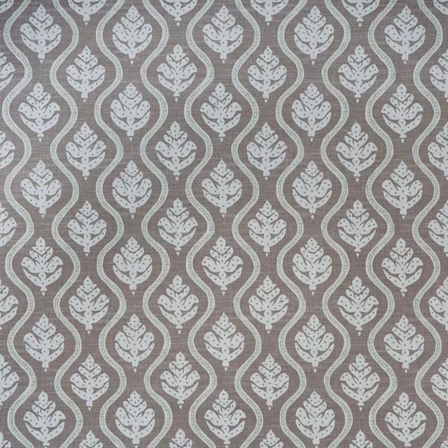 Mushroom taupe woven fabric with repeating chalk floral ogee motifs