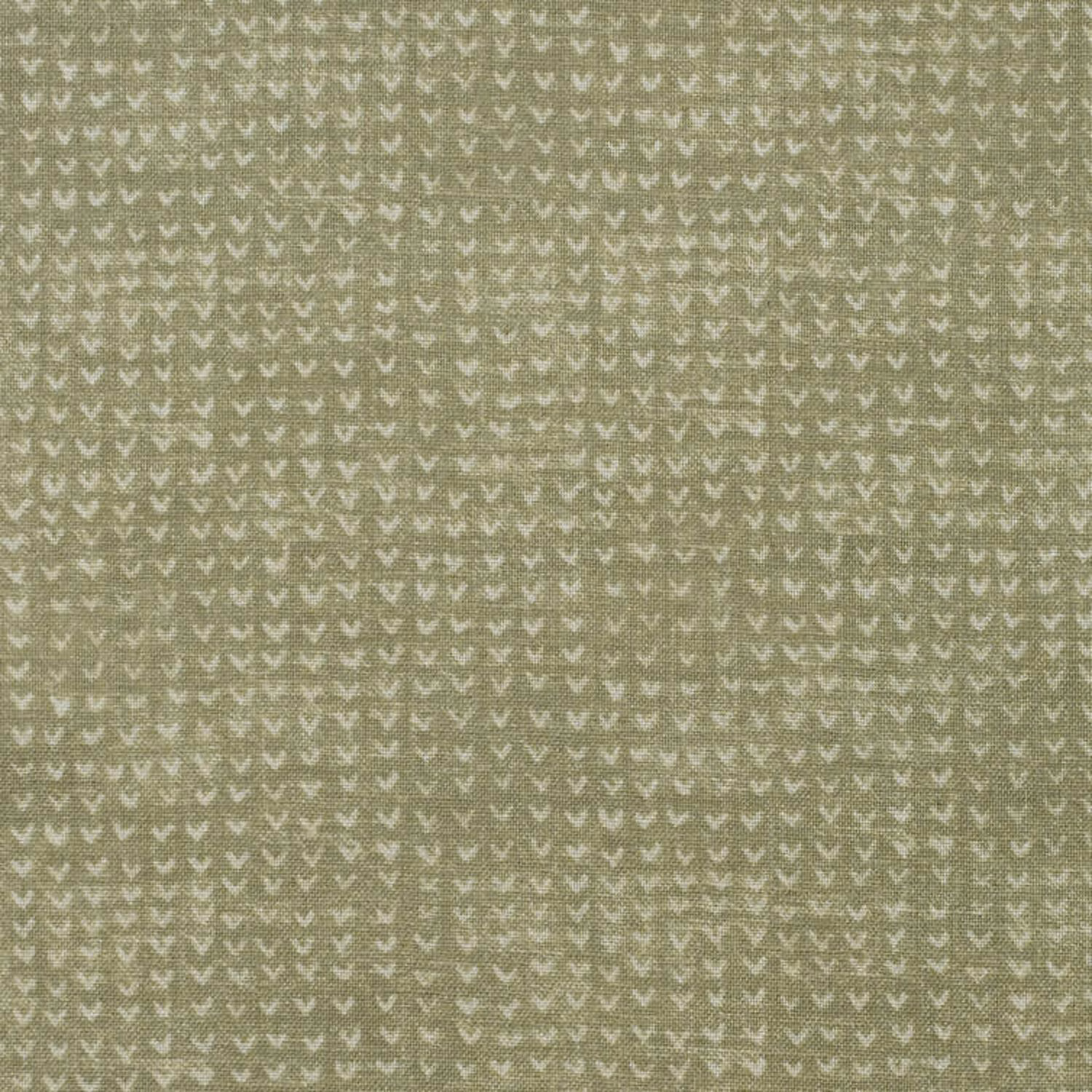 Muted lichen-olive woven fabric with dense tiny cream V motifs and mottled texture