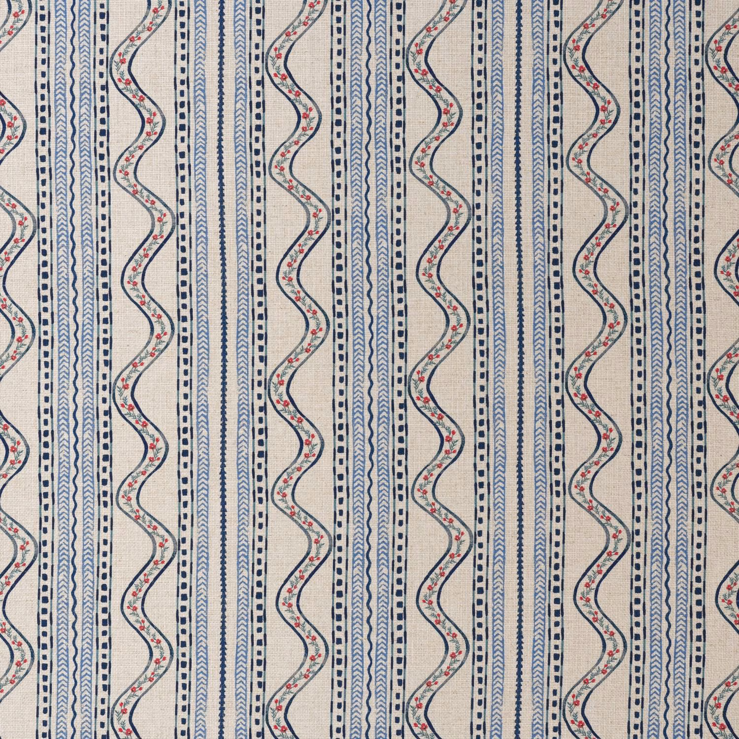 Cream textile with denim-blue vertical stripes, winding lines and tiny red floral motifs