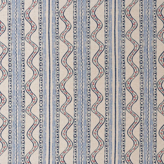 Cream textile with denim-blue vertical stripes, winding lines and tiny red floral motifs