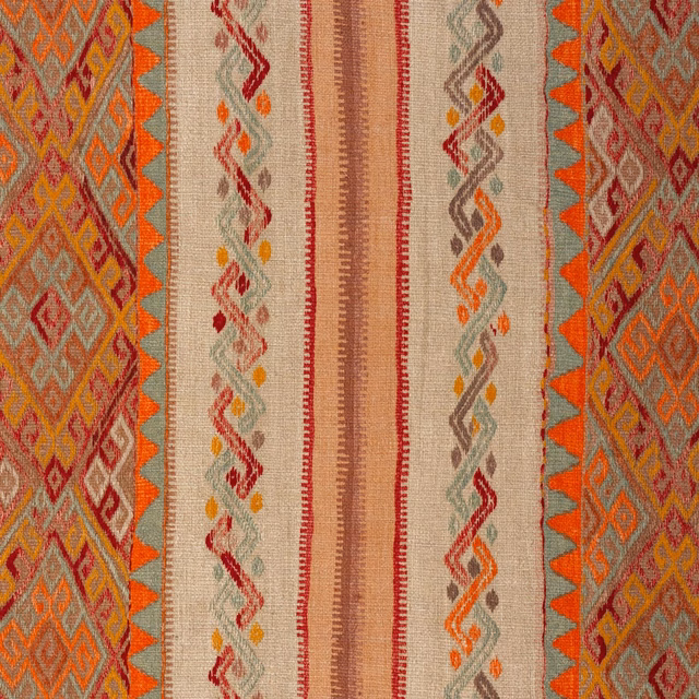Harvest Moon woven fabric with terracotta diamonds, teal accents and cream geometric stripes