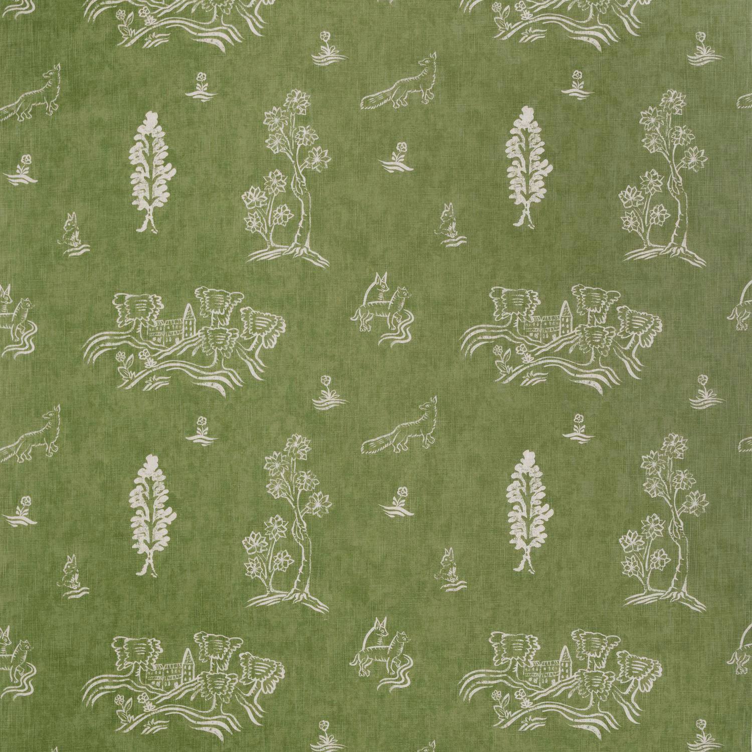 Muted basil-green textile with ivory folk animals, flowers and botanical motifs in a textured repeat
