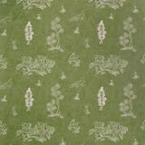 Muted basil-green textile with ivory folk animals, flowers and botanical motifs in a textured repeat
