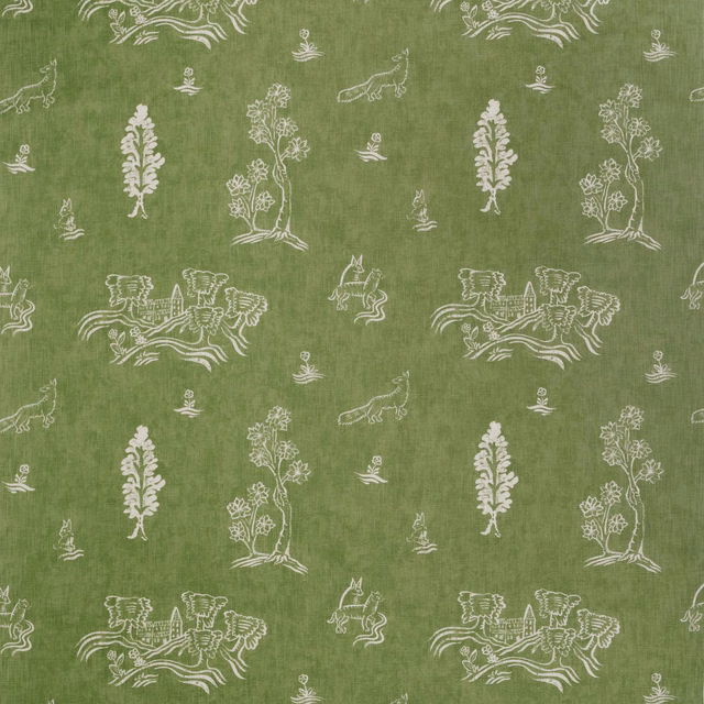 Muted basil-green textile with ivory folk animals, flowers and botanical motifs in a textured repeat