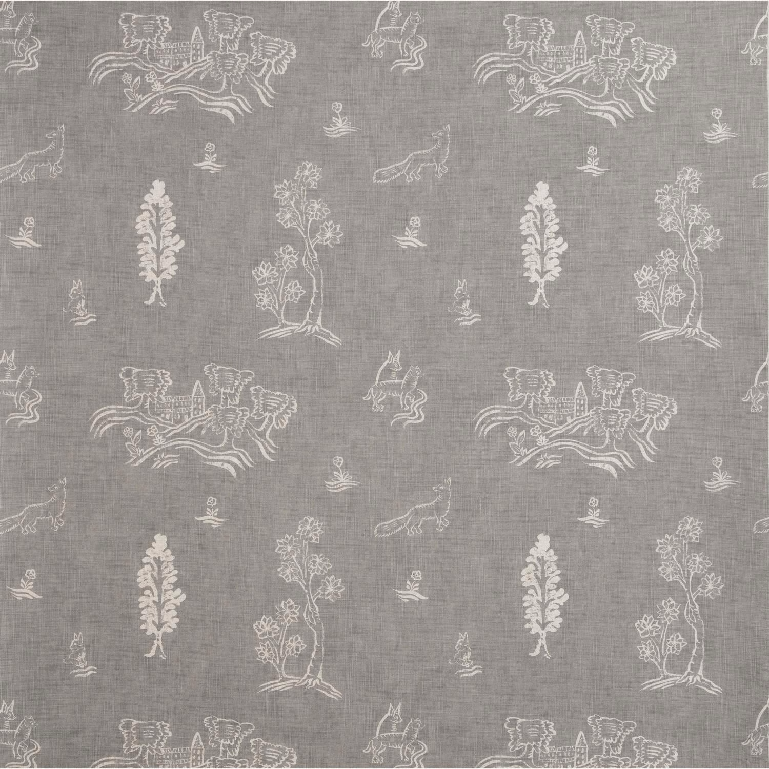 Dove-grey woven fabric with ivory folk figures, flowers, animals and botanical motifs