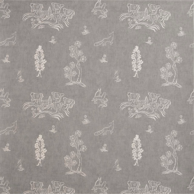 Dove-grey woven fabric with ivory folk figures, flowers, animals and botanical motifs
