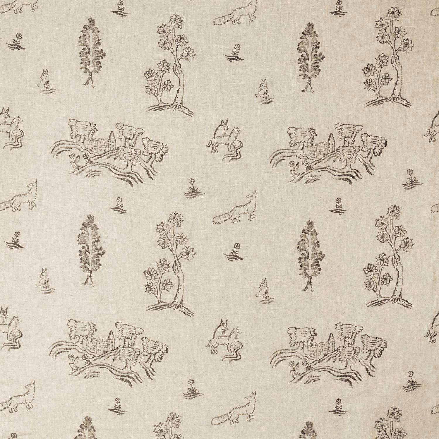 Warm cream fabric with charcoal folk scenes, trees, birds and cats