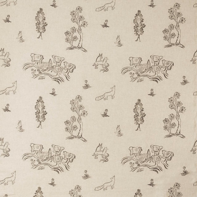 Warm cream fabric with charcoal folk scenes, trees, birds and cats