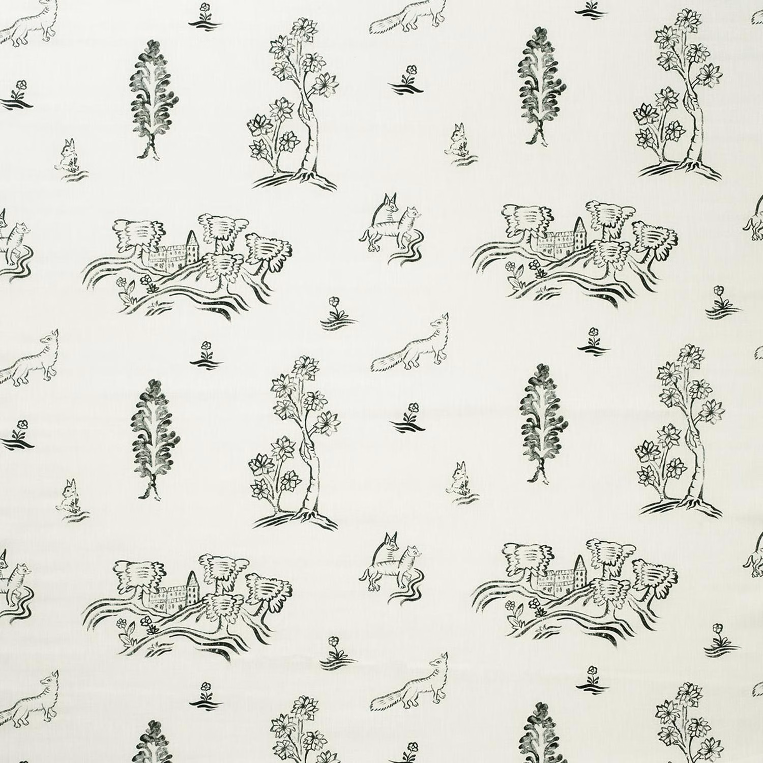 Warm ivory outdoor fabric with olive folk scenes, trees, flowers, animals and birds