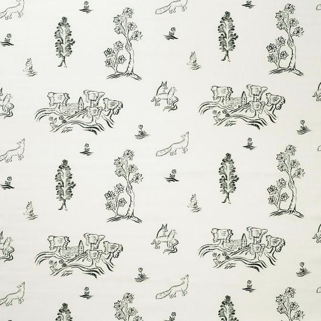 Warm ivory outdoor fabric with olive folk scenes, trees, flowers, animals and birds