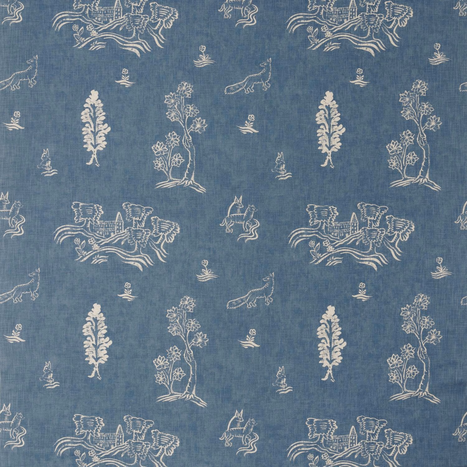 Slate blue woven ground with cream folk animals, flowers and trees