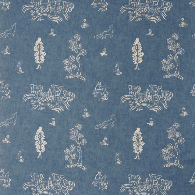Slate blue woven ground with cream folk animals, flowers and trees