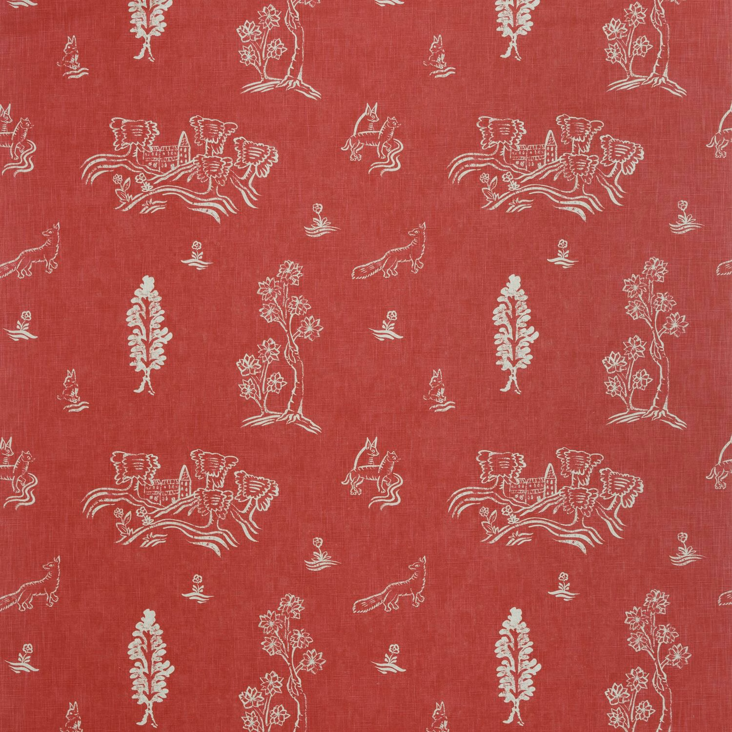 Warm red fabric with ivory folk figures, trees, birds and a subtle slubbed weave