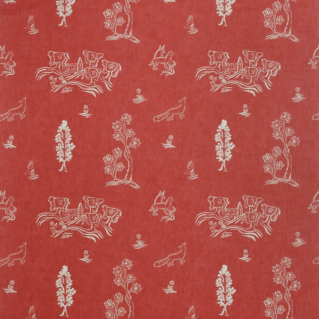 Warm red fabric with ivory folk figures, trees, birds and a subtle slubbed weave