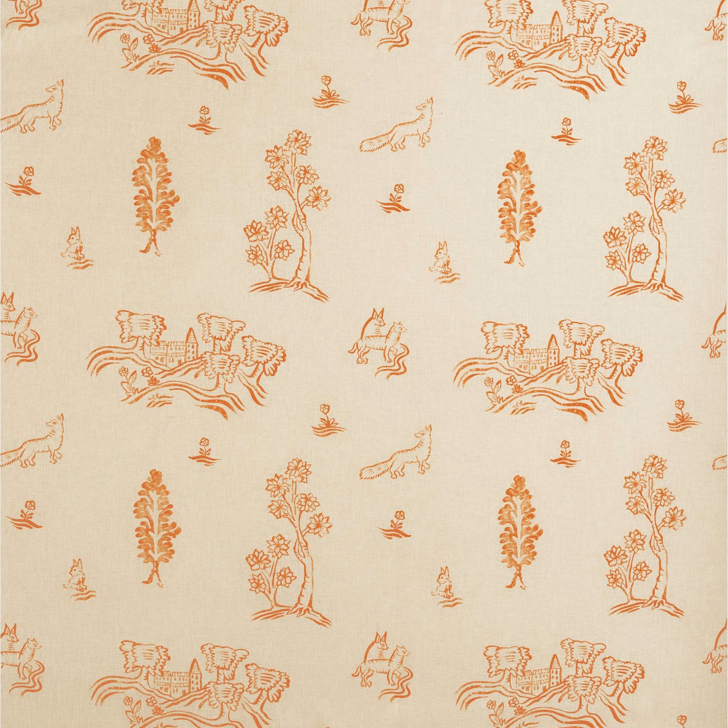 Cream fabric with melon-orange folk scenes, flowering trees, animals and tiny birds