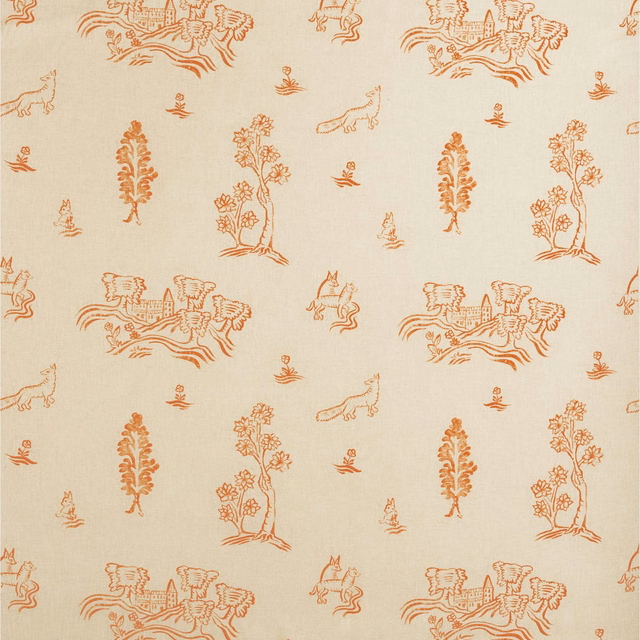 Cream fabric with melon-orange folk scenes, flowering trees, animals and tiny birds