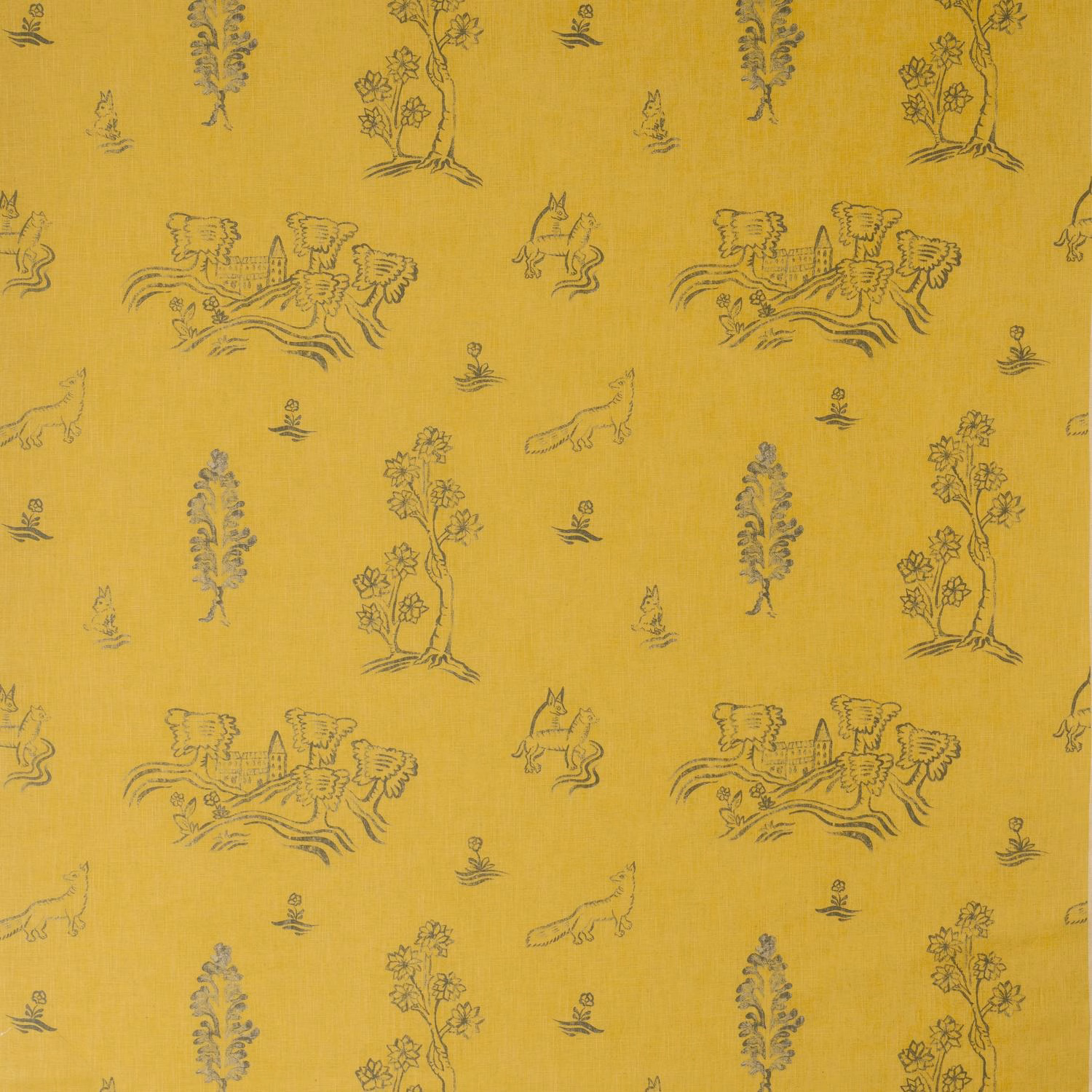 Warm ochre-yellow fabric with grey pastoral trees, birds and whimsical illustrated scenes