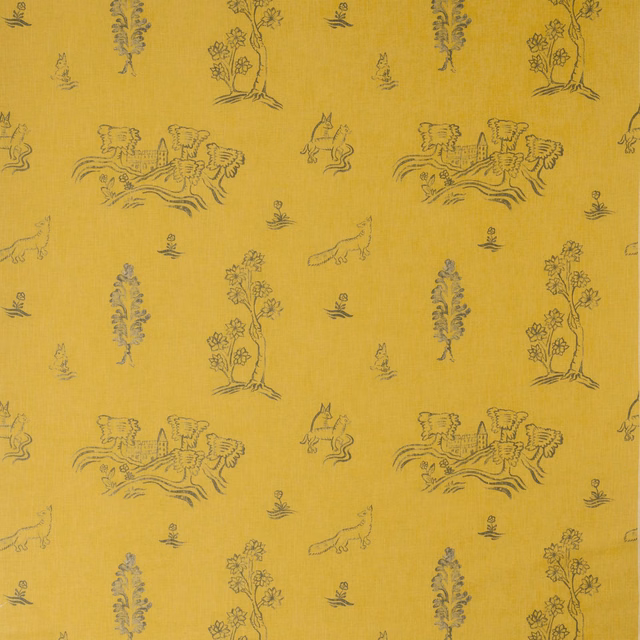 Warm ochre-yellow fabric with grey pastoral trees, birds and whimsical illustrated scenes