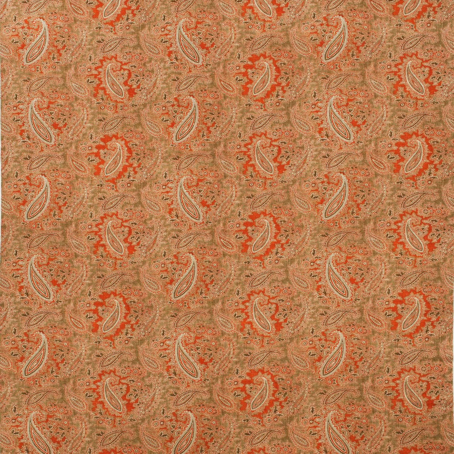 Chocolate-brown woven ground with rust-red and cream paisley motifs
