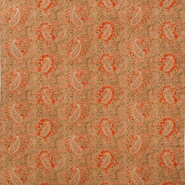 Chocolate-brown woven ground with rust-red and cream paisley motifs