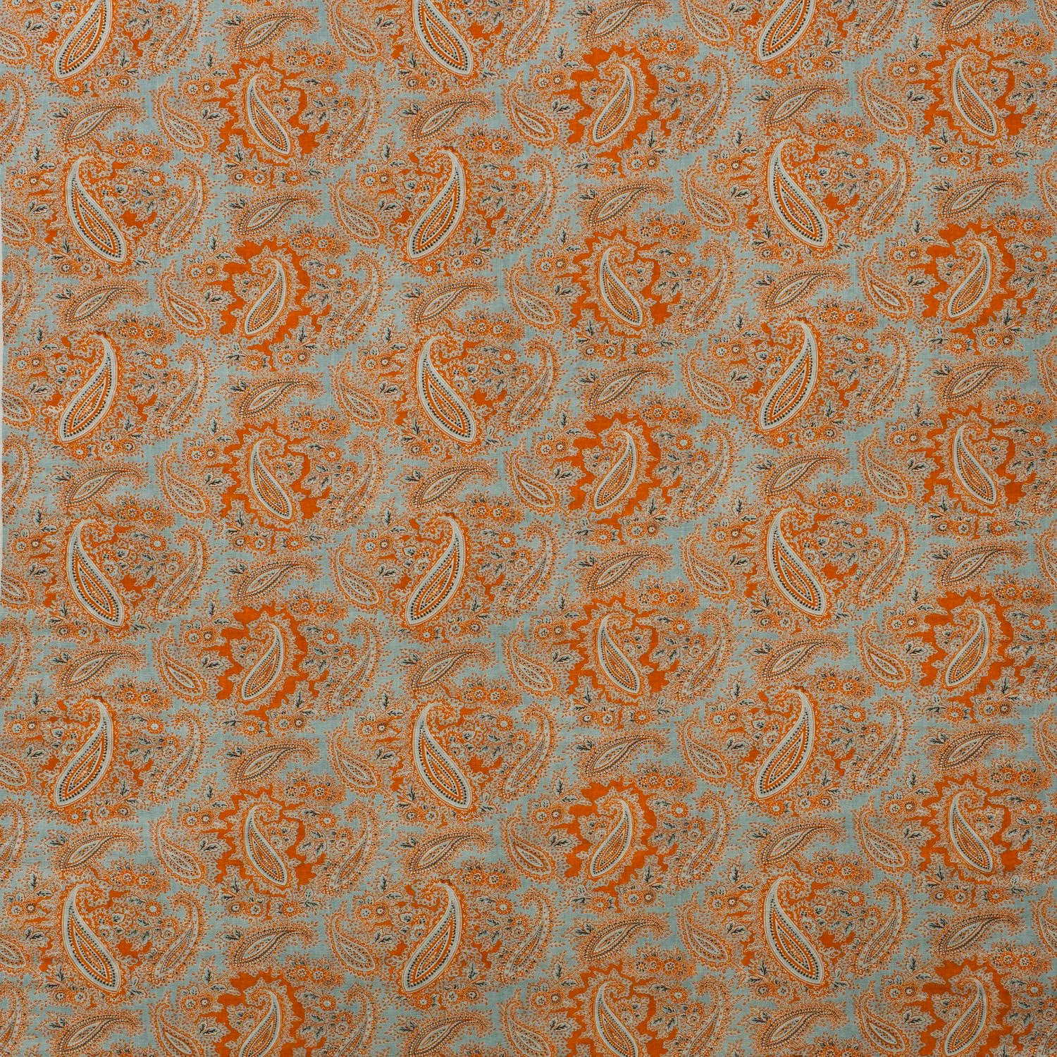 Duck egg blue fabric with rust and cream paisley motifs in a fine textured weave