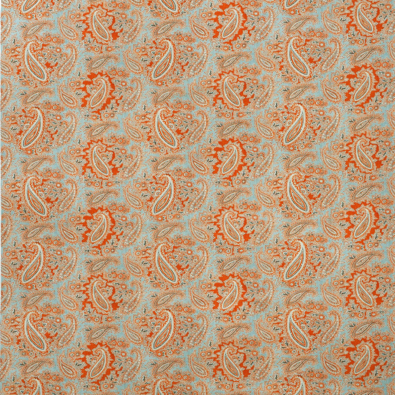 Muted duck egg-blue fabric with terracotta paisleys and cream scrolling detail
