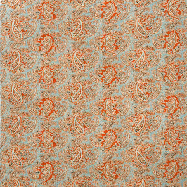 Muted duck egg-blue fabric with terracotta paisleys and cream scrolling detail