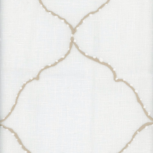 Pale ivory fabric with raised taupe organic lattice and subtle white flecks